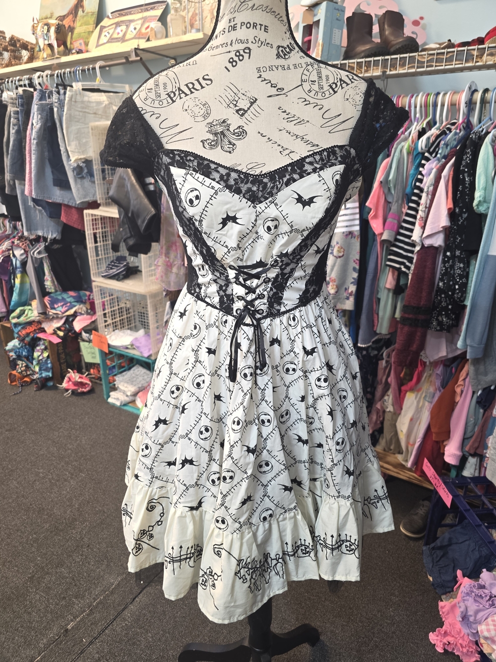 Disney Nightmare Before Christmas Black & White Gothic Lace-Up Skater Dress